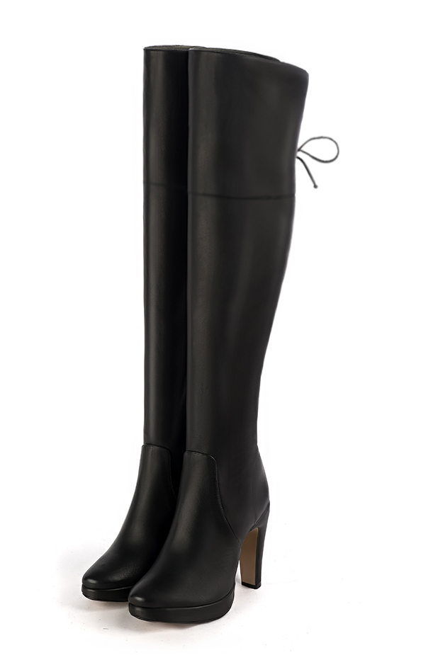 Satin black women's leather thigh-high boots. Round toe. Very high slim heel with a platform at the front. Made to measure. Front view - Florence KOOIJMAN